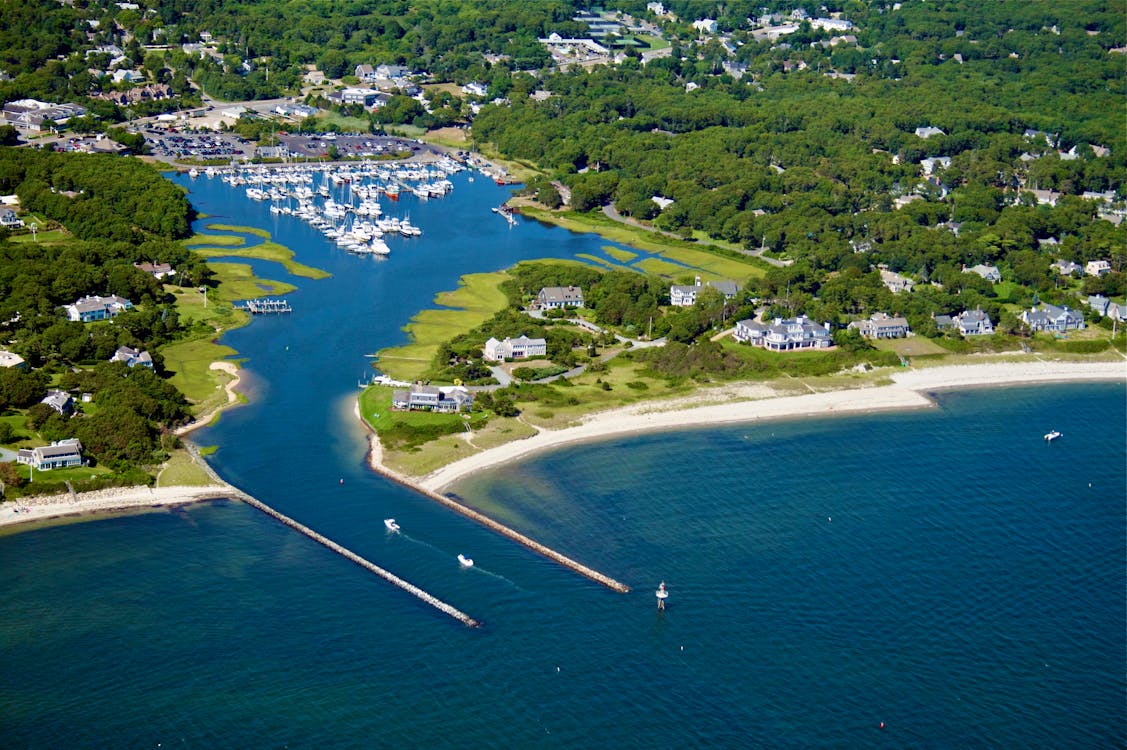 Quaint New England seaside village in golden light