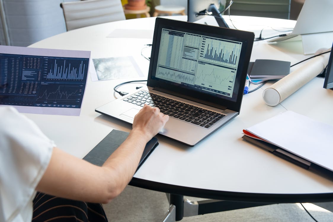 Business data analysis displayed across multiple screens